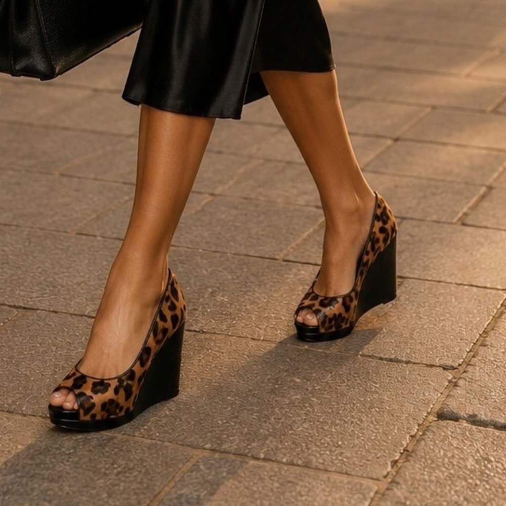 BCBG Generation Leopard Print Calf Hair Peep Toe Wedge Heels Mob Wife Old Money